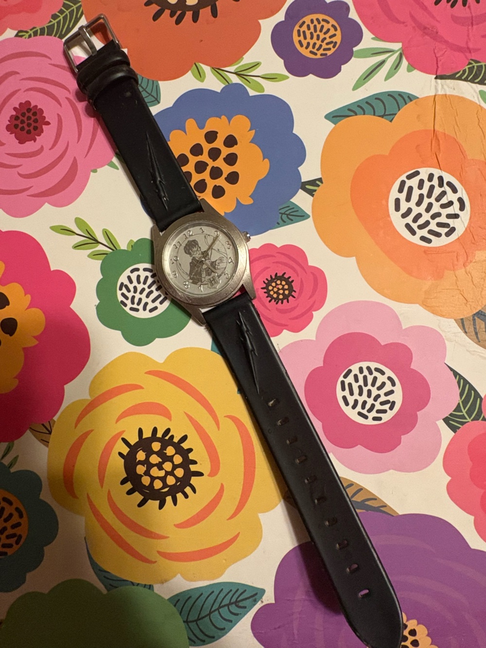 Vintage 2001 Harry Potter Black Faux Leather Band Watch Lightning Bolts